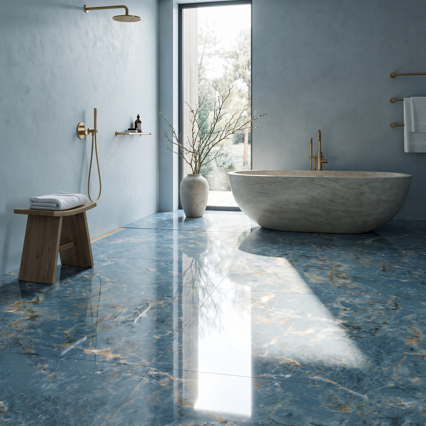Brazil Aqua polished porcelain floor in a contemporary bathroom