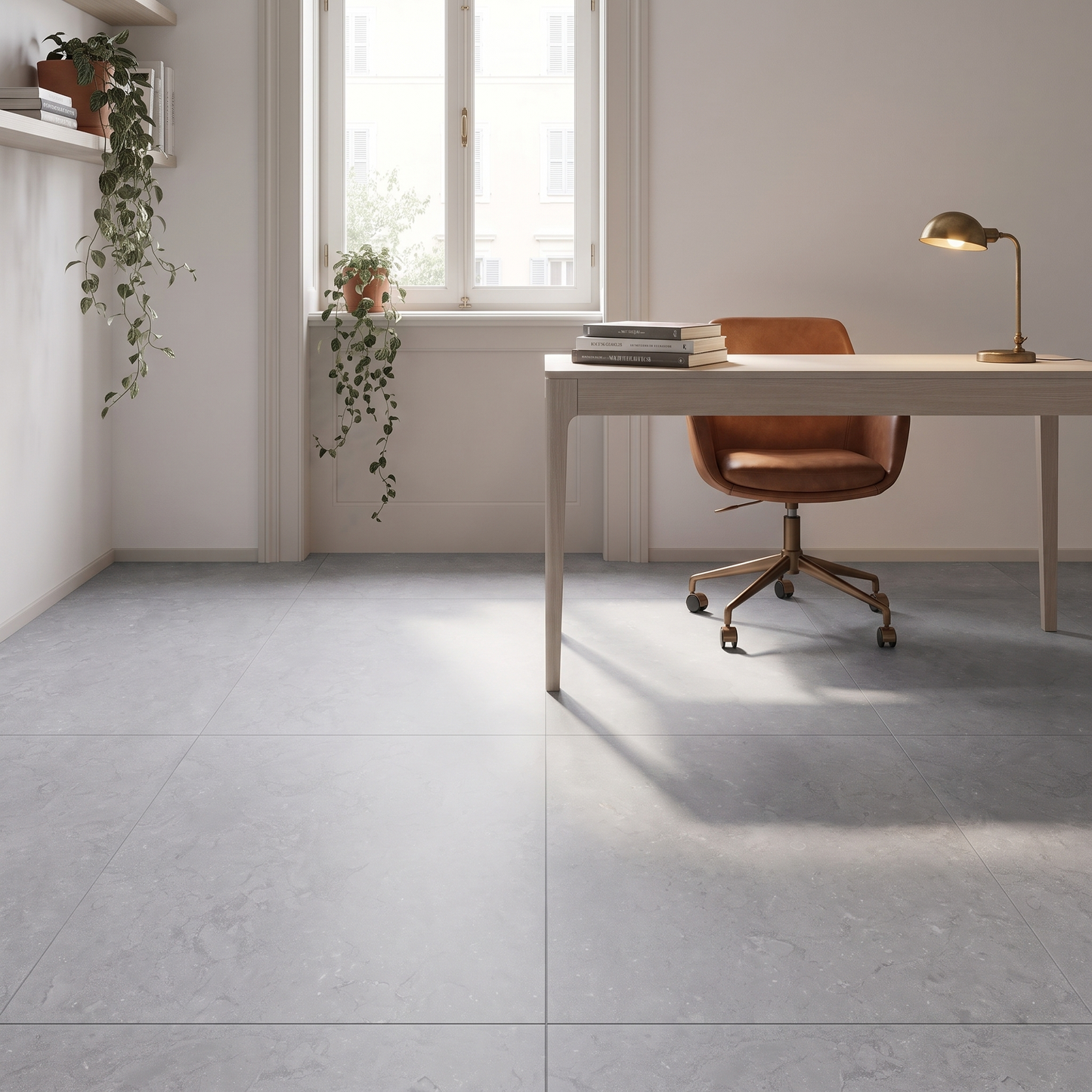 Manarola Silver concrete-look porcelain floor in a modern study
