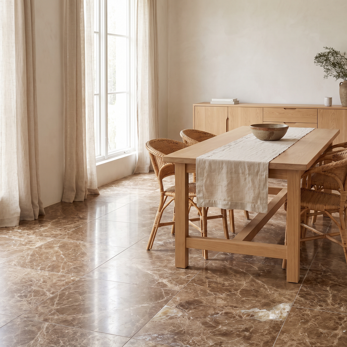Anatoli Emparador marble floor in a bright dining room