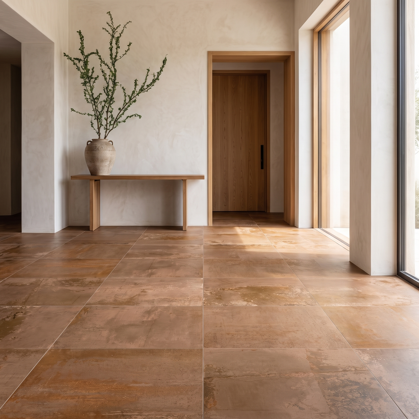 Metallic Corten porcelain floor in a warm entrance hall