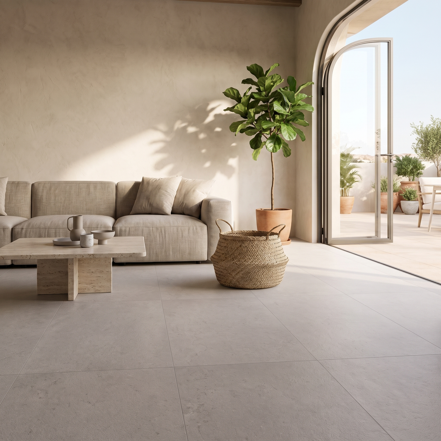 Manarola Sandblasted Grege porcelain floor in a warm living space