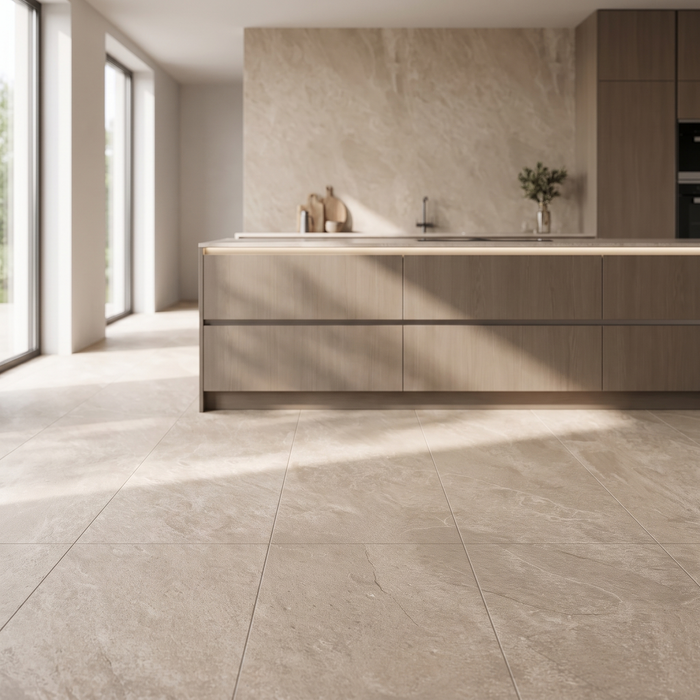 Avio Quarzite Cream porcelain tile in an interior setting
