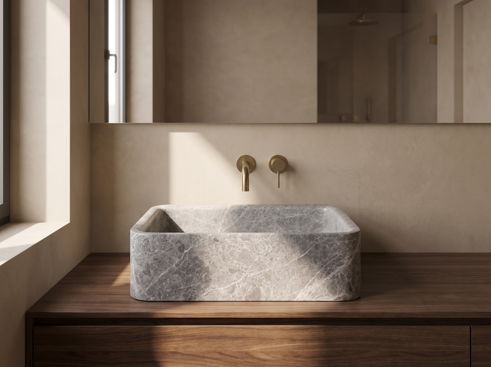 Bergamo natural stone washbasin in a bathroom setting
