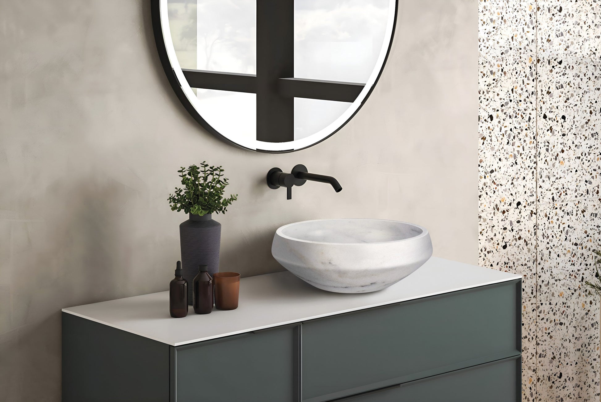 Capri natural stone basin in a bathroom setting