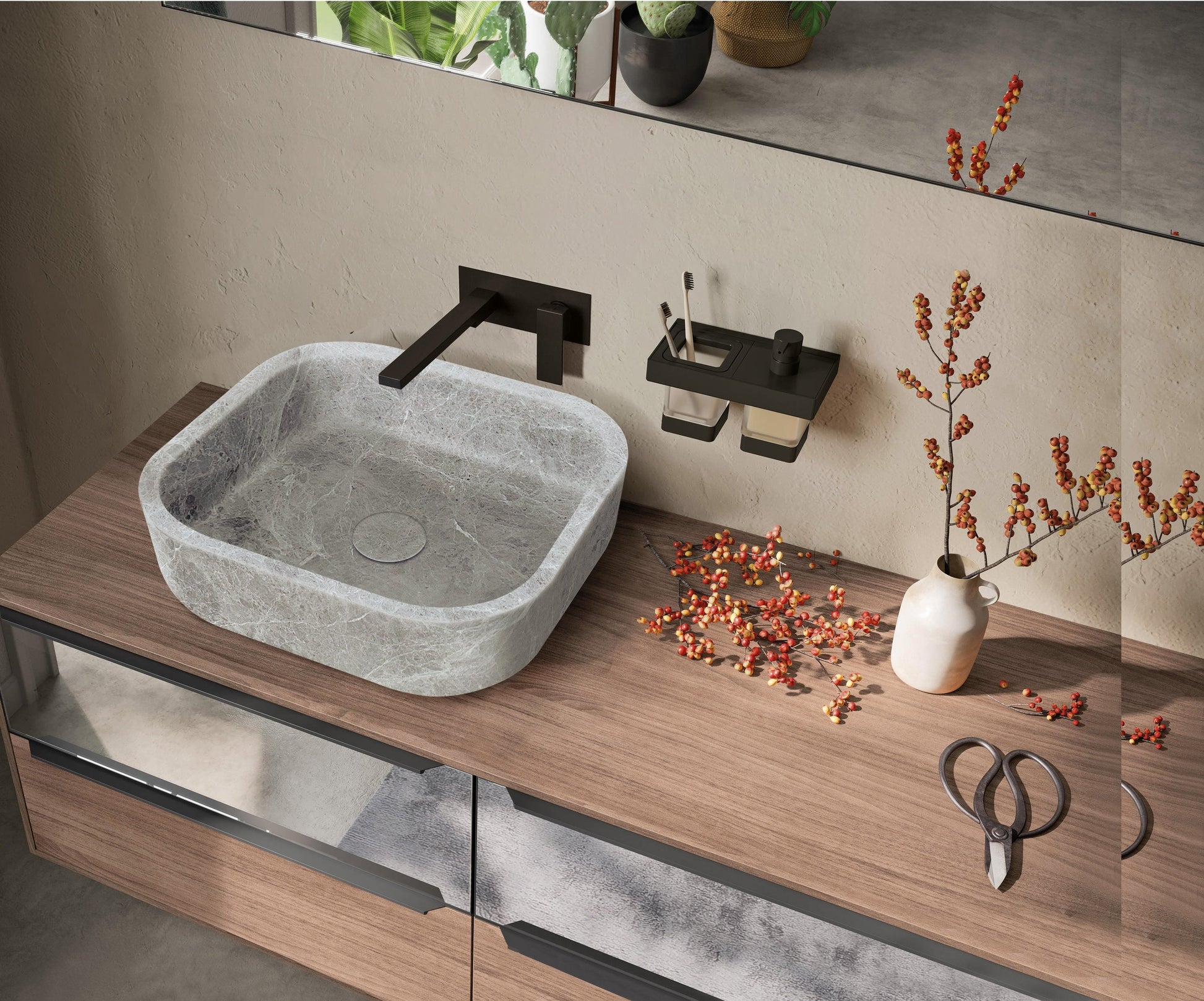 Torino natural stone basin in a bathroom setting