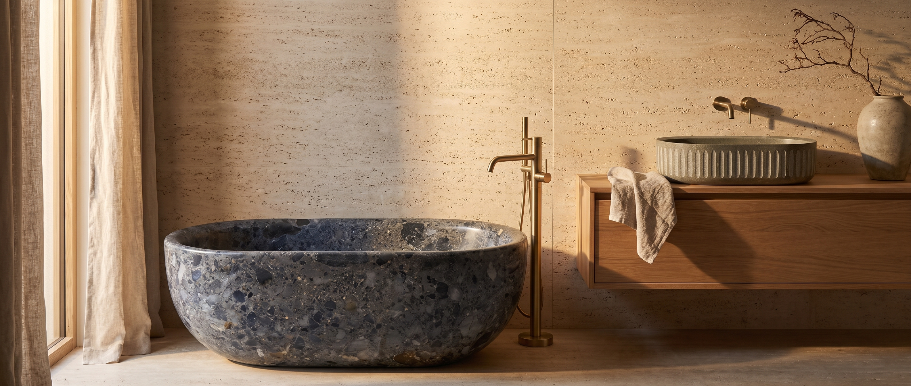 Conca stone bathtub and Palermo fluted washbasin in a travertine bathroom