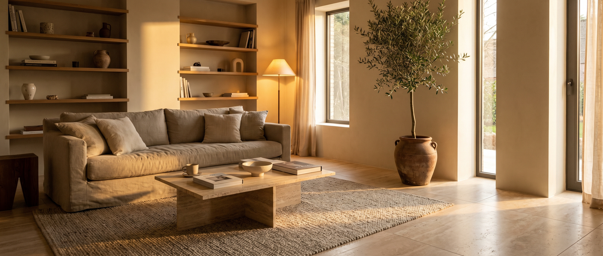 Large-format porcelain floor in a warm, furnished living room