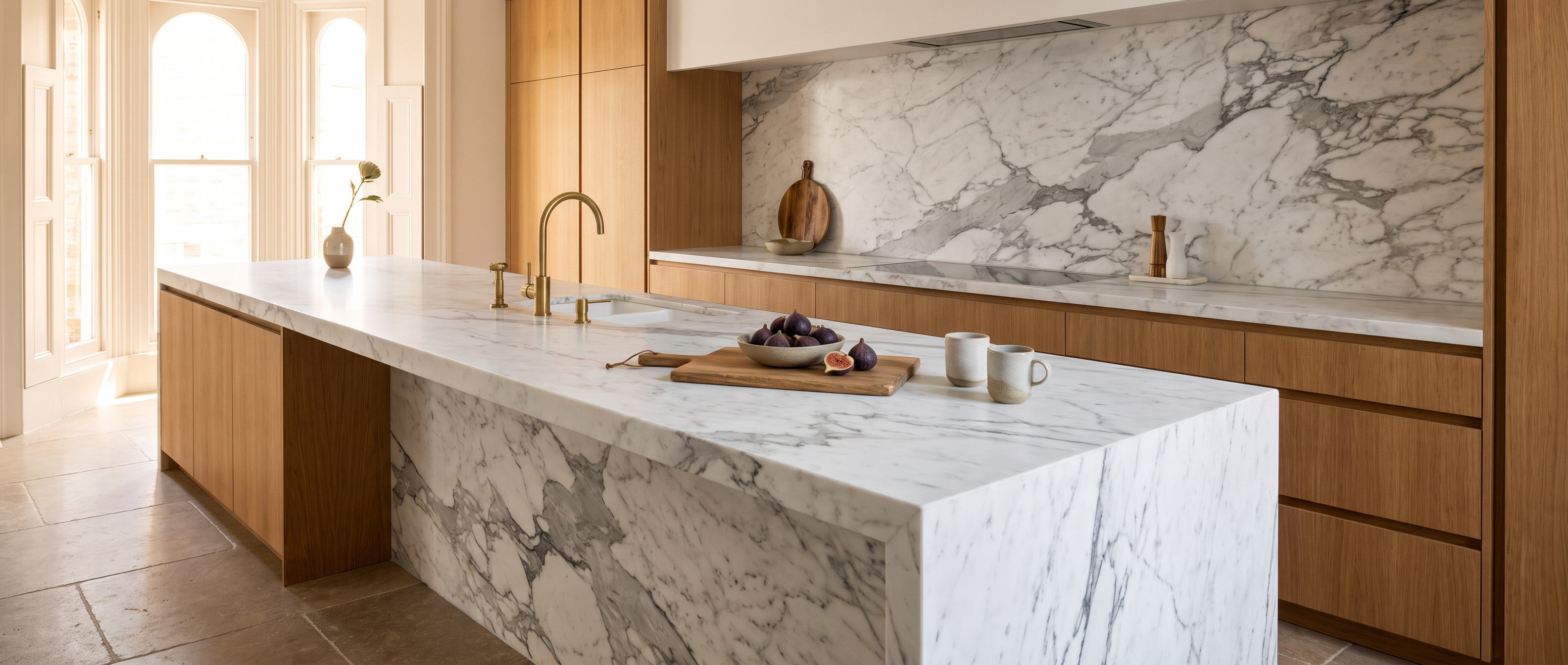 Luxury kitchen with a natural marble island and full-height stone splashback