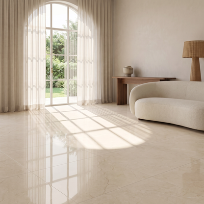 Crema Marfil polished porcelain floor in a sunlit living room