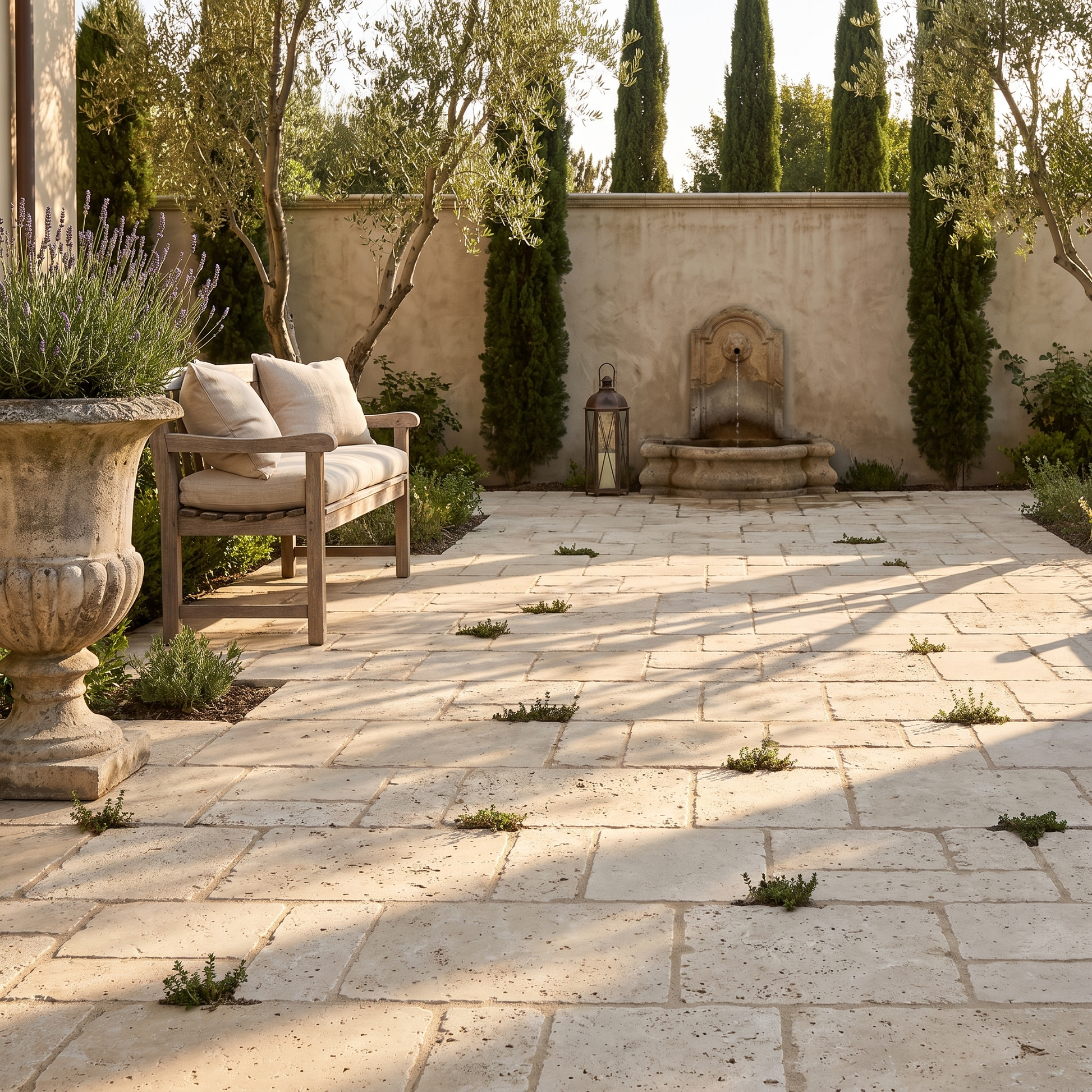 Tivoli travertine pavers in a Mediterranean courtyard