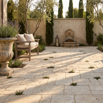 Tivoli travertine pavers in a Mediterranean courtyard