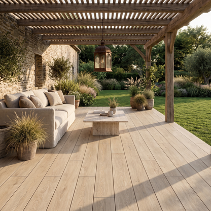 Trendwood Light wood-look porcelain decking under a pergola