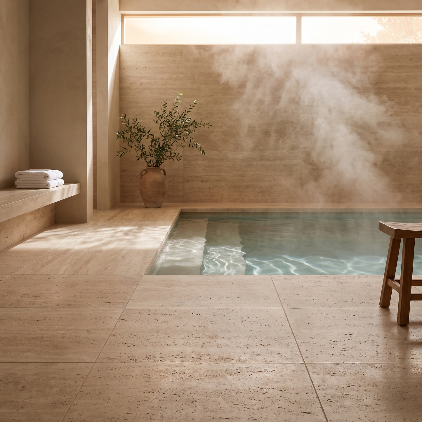 Classic Travertine stone floor in an indoor spa