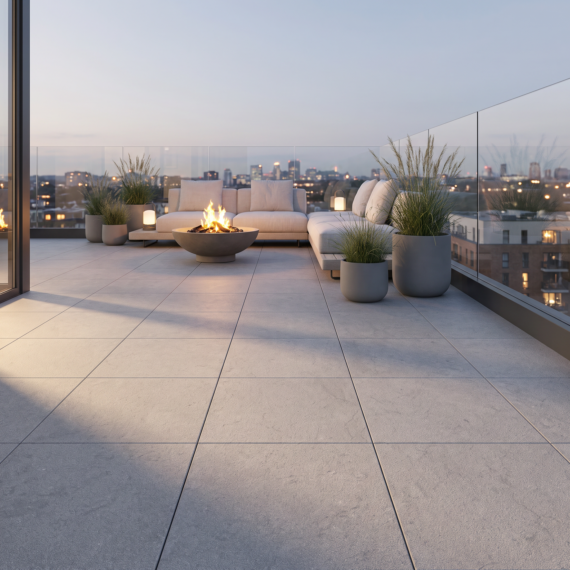 Manarola Sandblasted Silver porcelain paving on a rooftop terrace