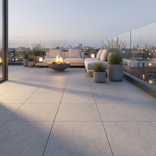 Manarola Sandblasted Silver porcelain paving on a rooftop terrace