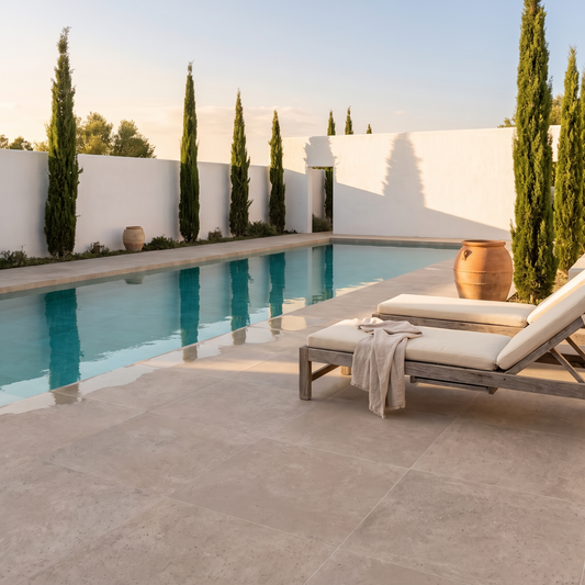 Genesis Beige porcelain paving in a Mediterranean pool courtyard