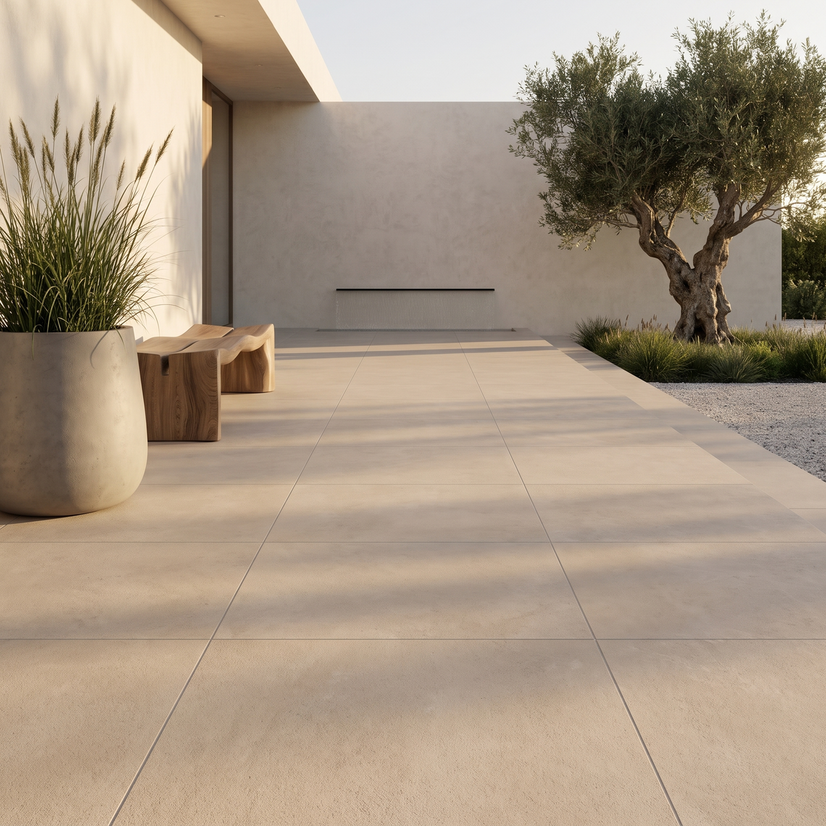 Manarola Sandblasted Sand porcelain paving at a villa entrance