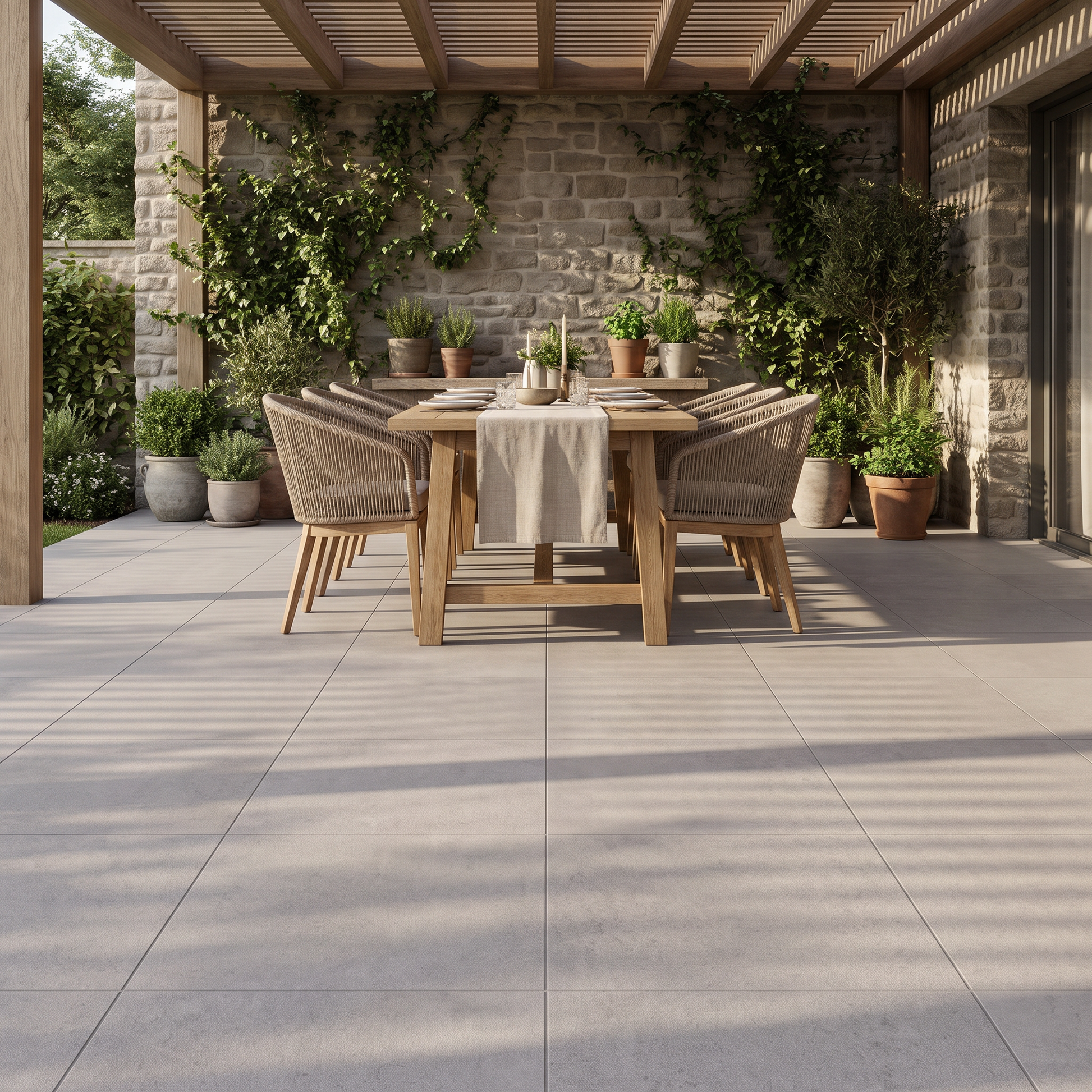 Manarola Sandblasted Grege porcelain paving on a garden dining terrace