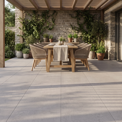 Manarola Sandblasted Grege porcelain paving on a garden dining terrace