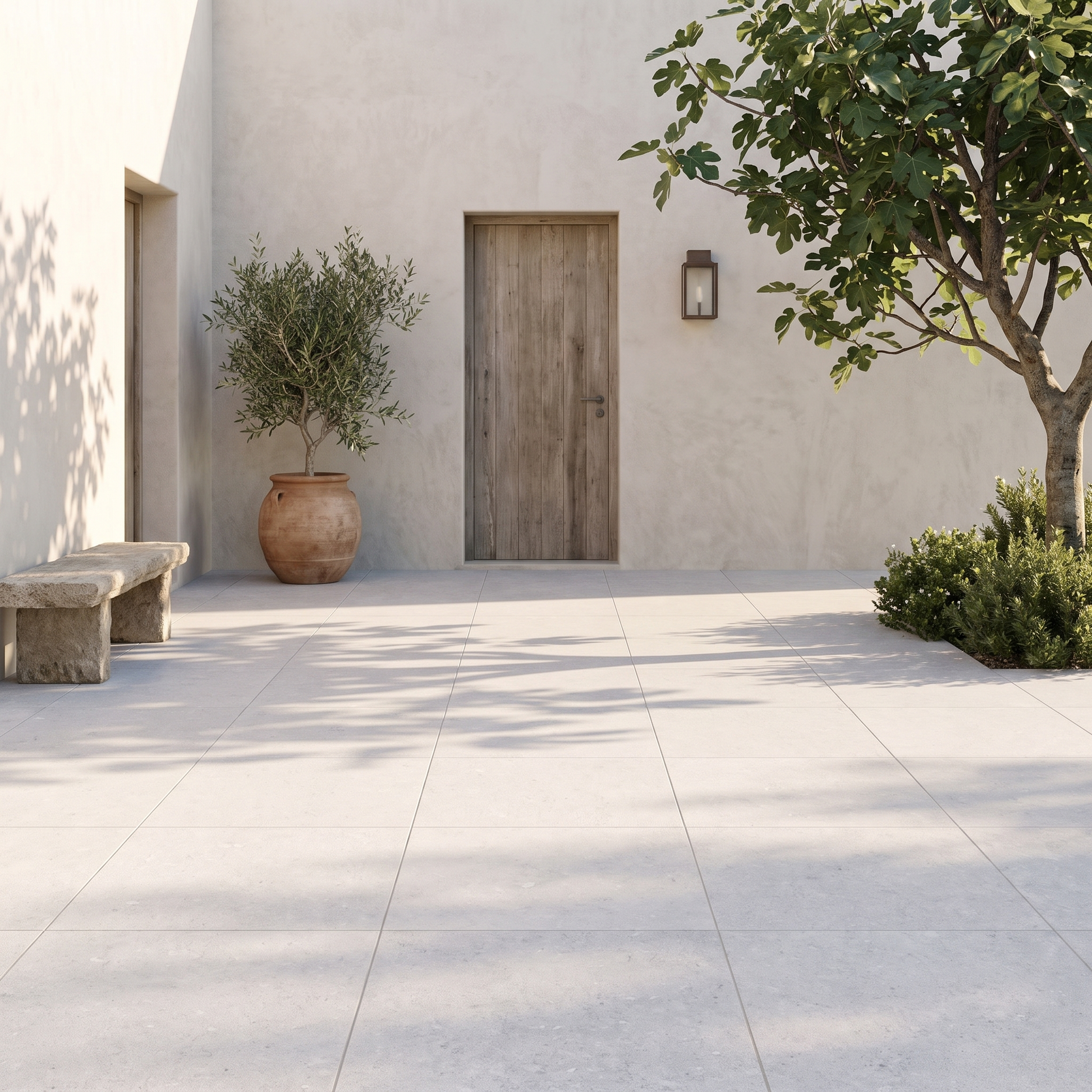 New Pietra Ivory porcelain paving in a bright courtyard entrance