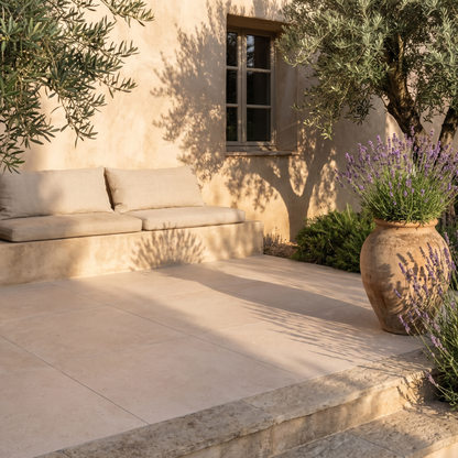 Genesis Sand porcelain paving on a warm garden terrace