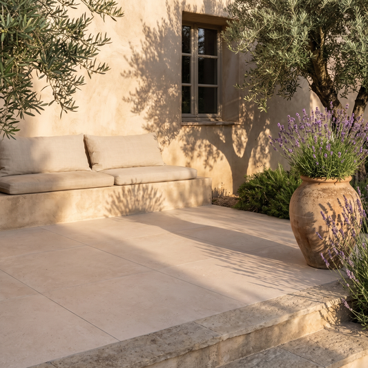 Genesis Sand porcelain paving on a warm garden terrace