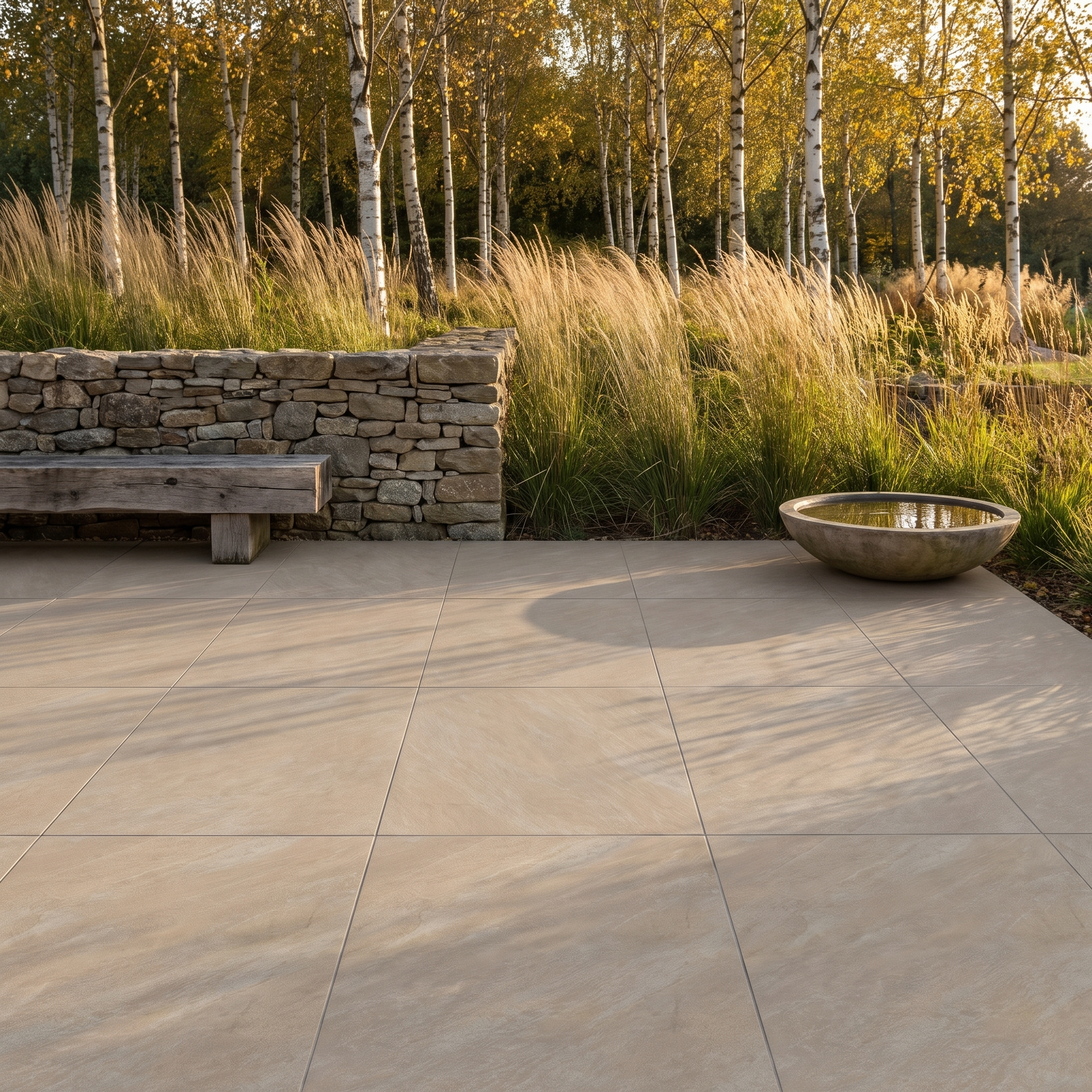 Neo Quarzite Sand porcelain paving on a natural garden terrace