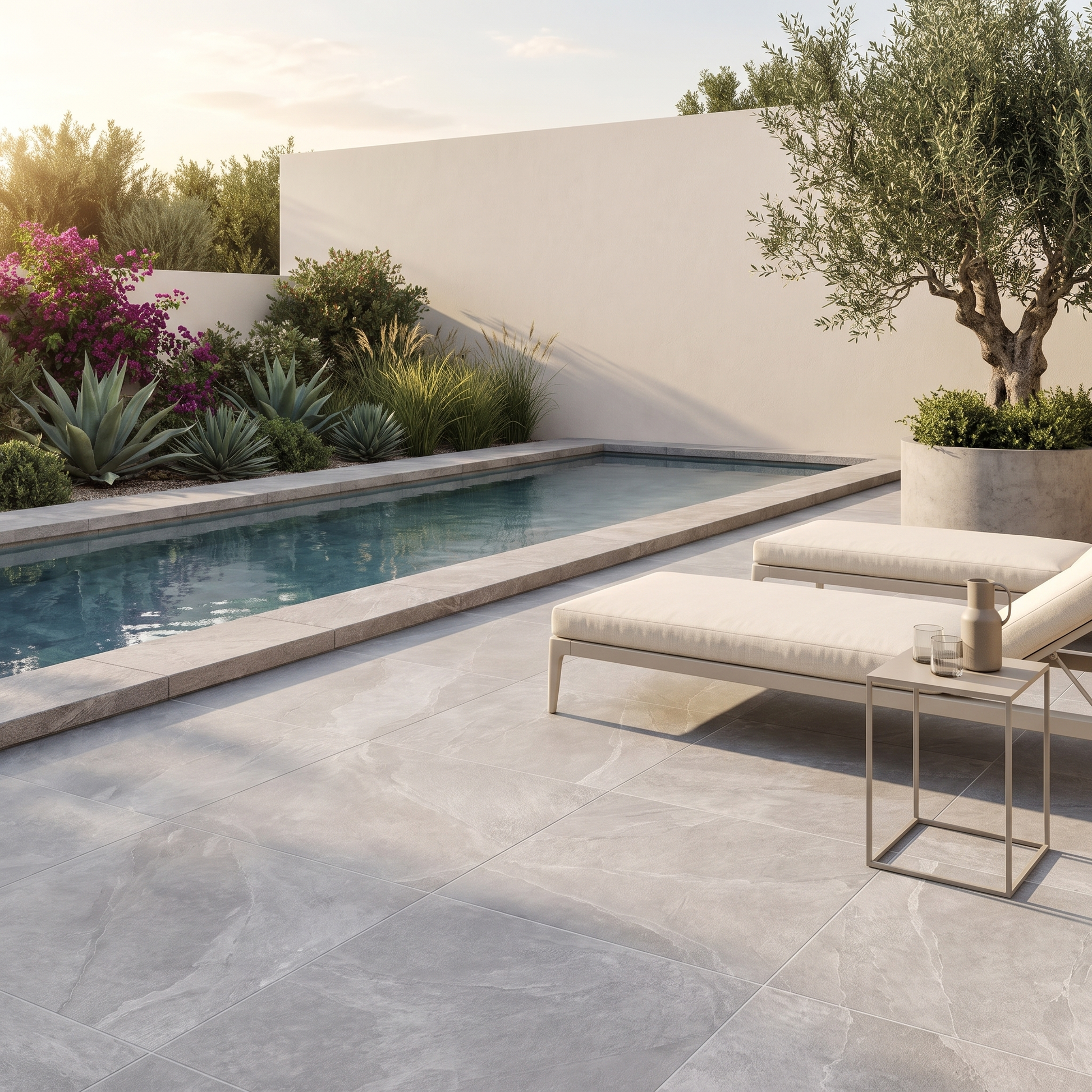Torino Light Grey porcelain paving on a poolside terrace