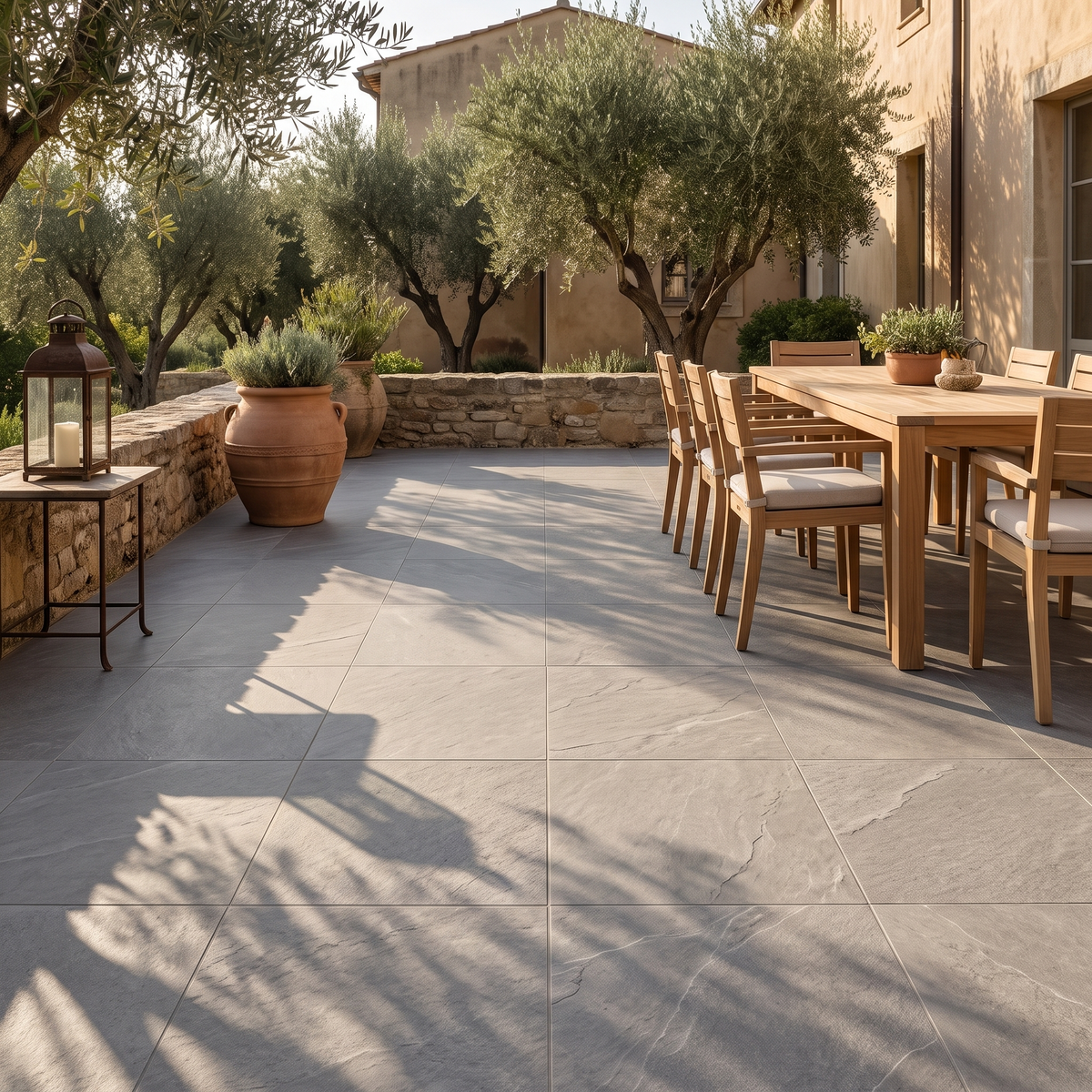 Torino Grege porcelain paving in a garden courtyard