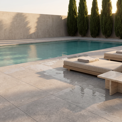 Charleston Grege porcelain paving beside a pool
