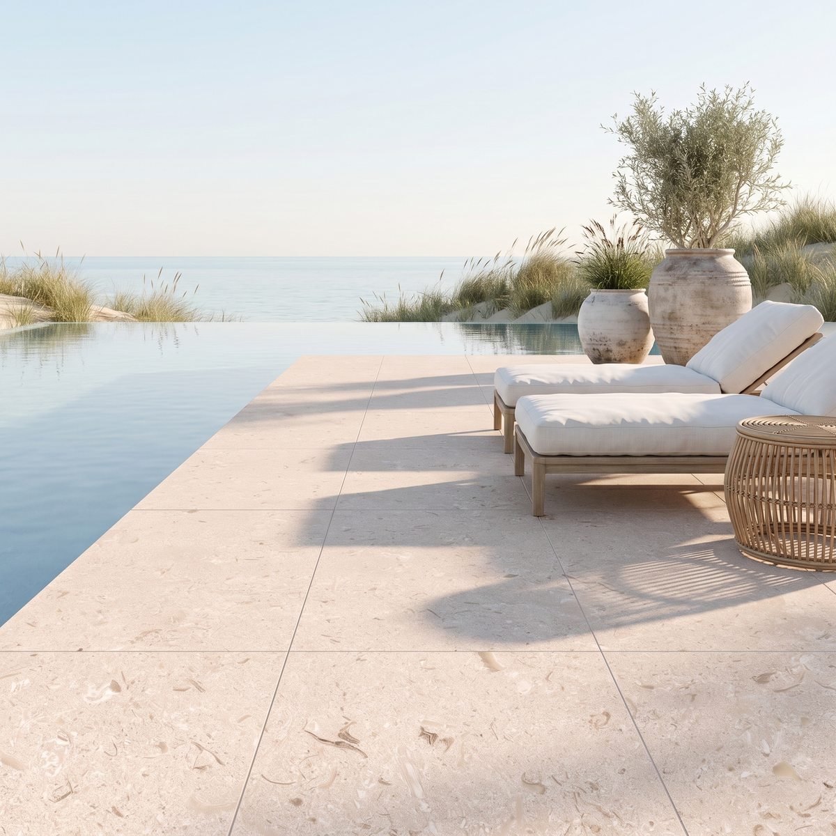 New Shellstone porcelain paving on a coastal pool terrace