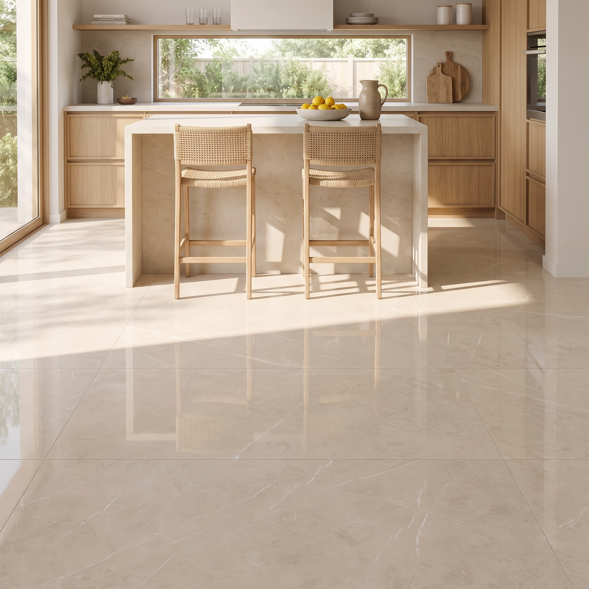 Pulpis Cream polished porcelain floor in a bright kitchen