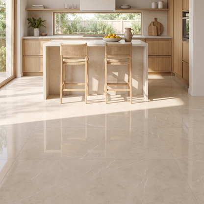 Pulpis Cream polished porcelain floor in a bright kitchen