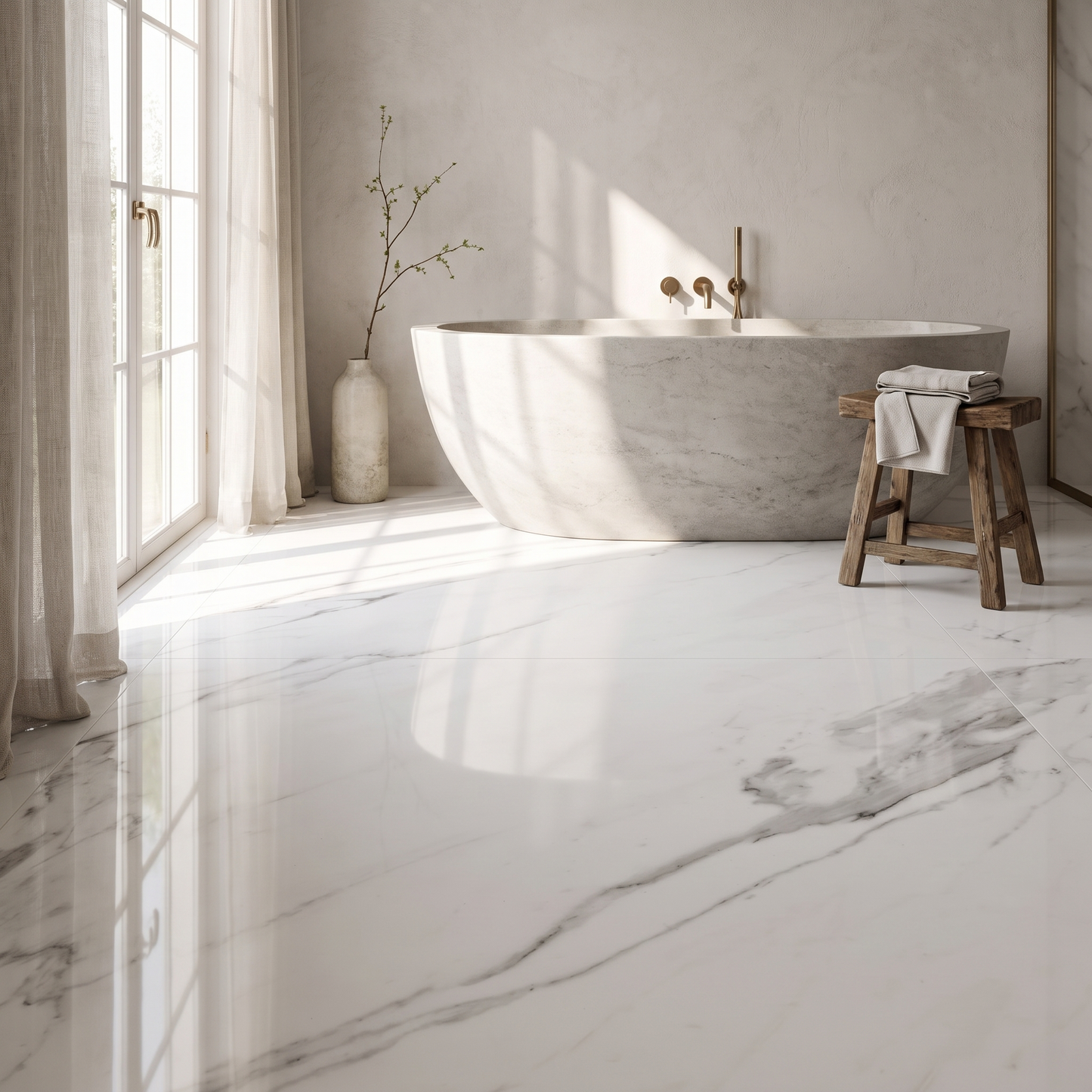 Luxe Staturio polished porcelain floor in a bright bathroom