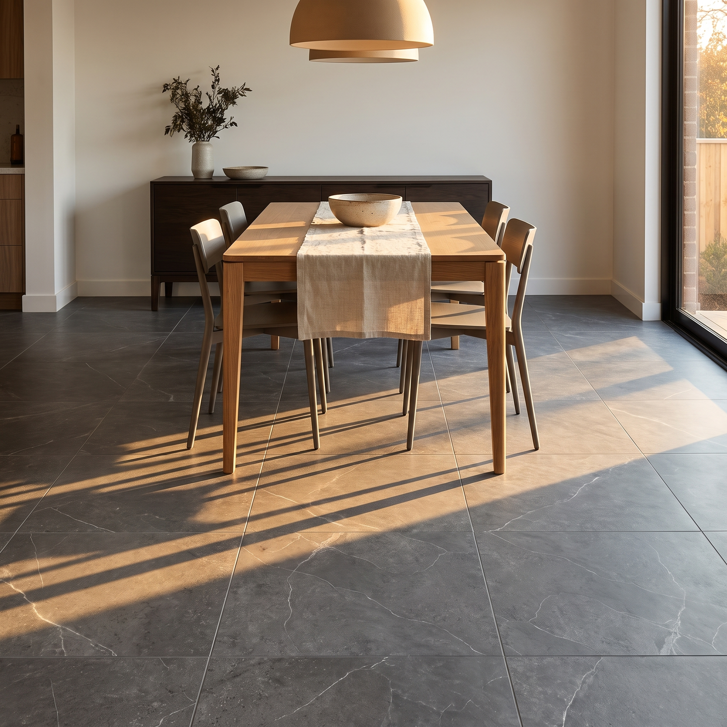 Nordic Dark Grey porcelain floor in a refined dining room