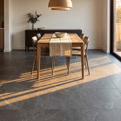 Nordic Dark Grey porcelain floor in a refined dining room
