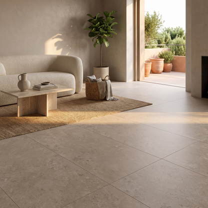 Basel Taupe concrete-look porcelain floor in a warm living space