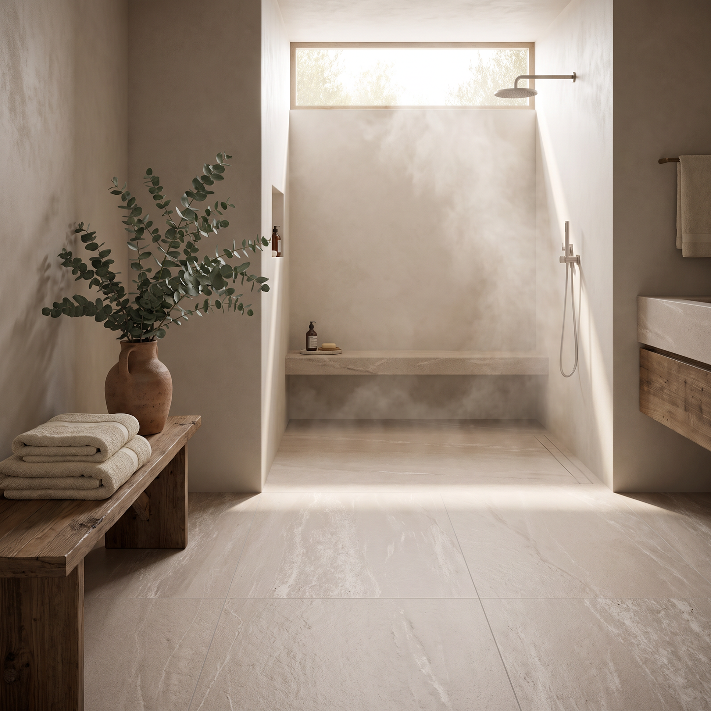 Sierra Beige slate-look porcelain floor in a warm spa bathroom
