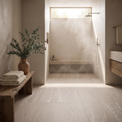 Sierra Beige slate-look porcelain floor in a warm spa bathroom