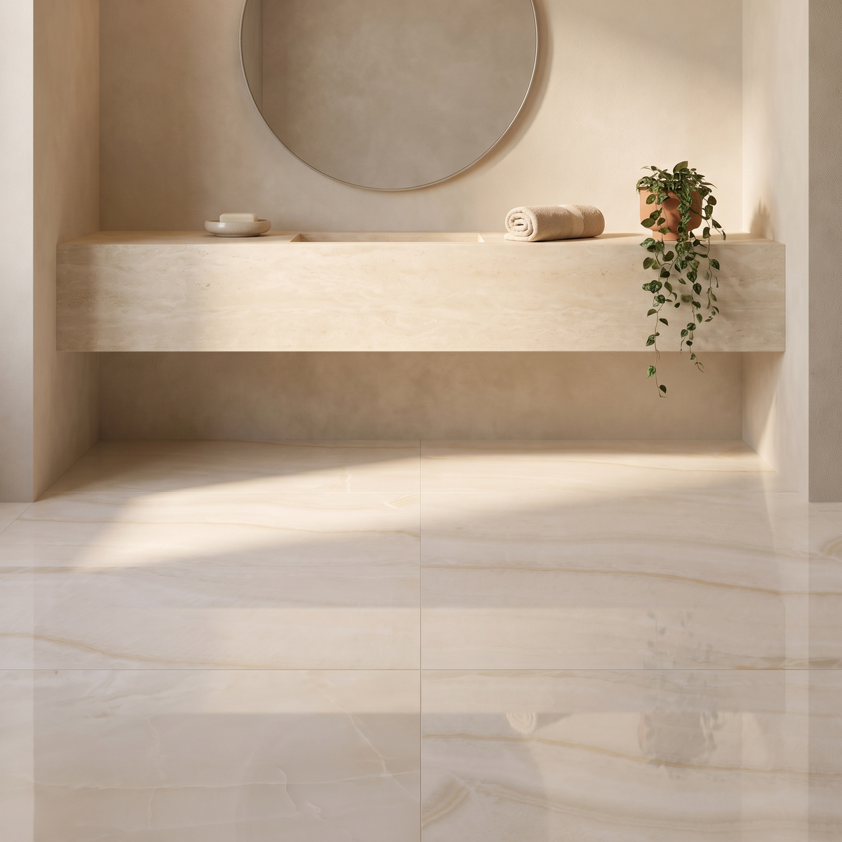 Onice Bianco polished porcelain floor in a vanity area