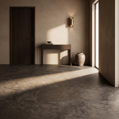 Colorado Sandblasted Brown porcelain floor in a warm hallway
