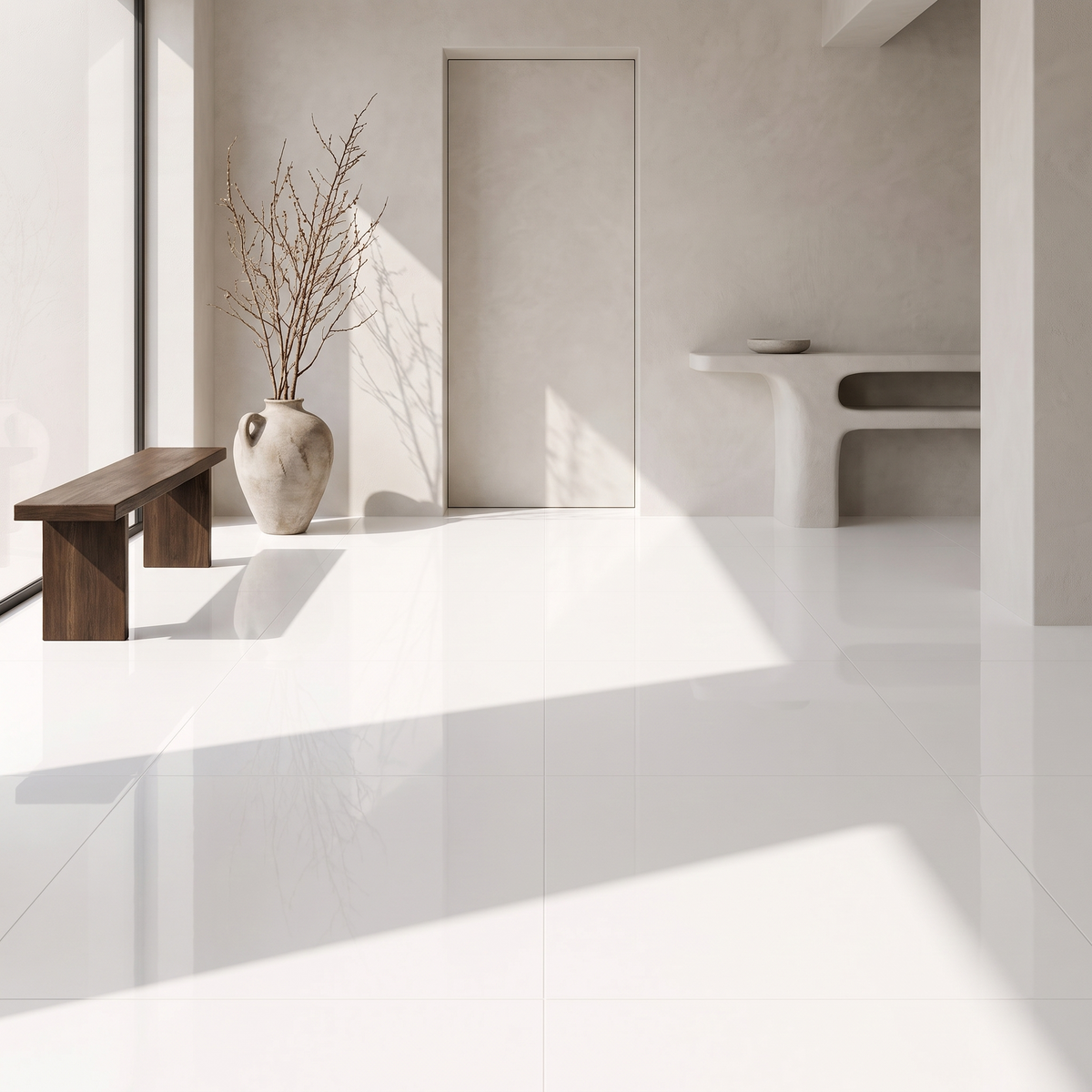 Super White polished porcelain floor in a minimal entrance hall