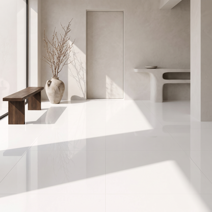 Super White polished porcelain floor in a minimal entrance hall
