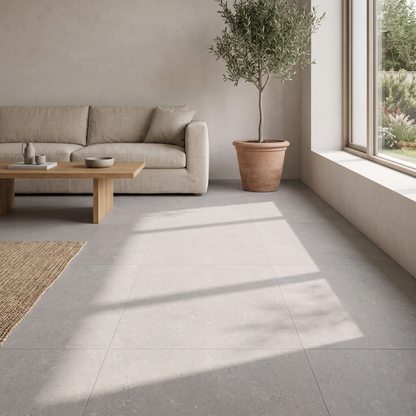 Lunar Light Grey concrete-look porcelain floor in a calm living room