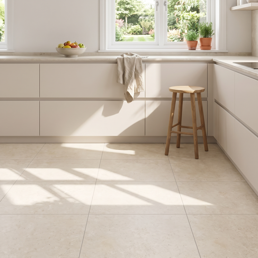 Basel Ivory concrete-look porcelain floor in a bright kitchen