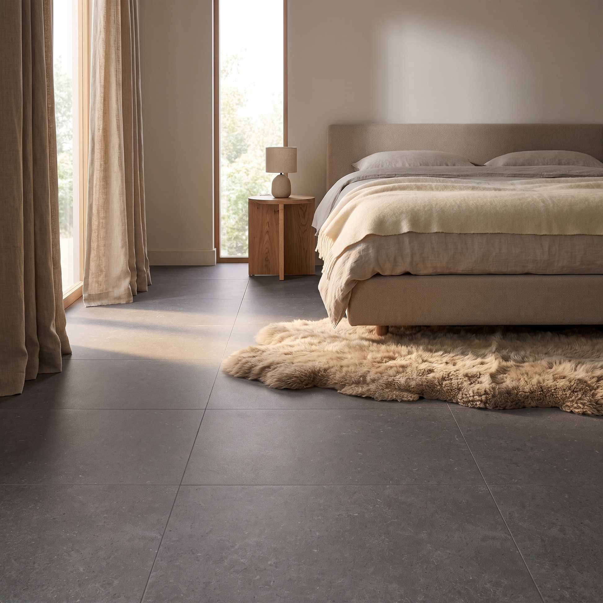 Lunar Dark Grey concrete-look porcelain floor in a quiet bedroom