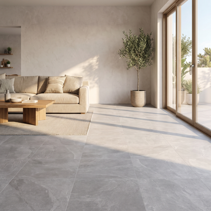 Torino Light Grey slate-look porcelain floor in an open living room