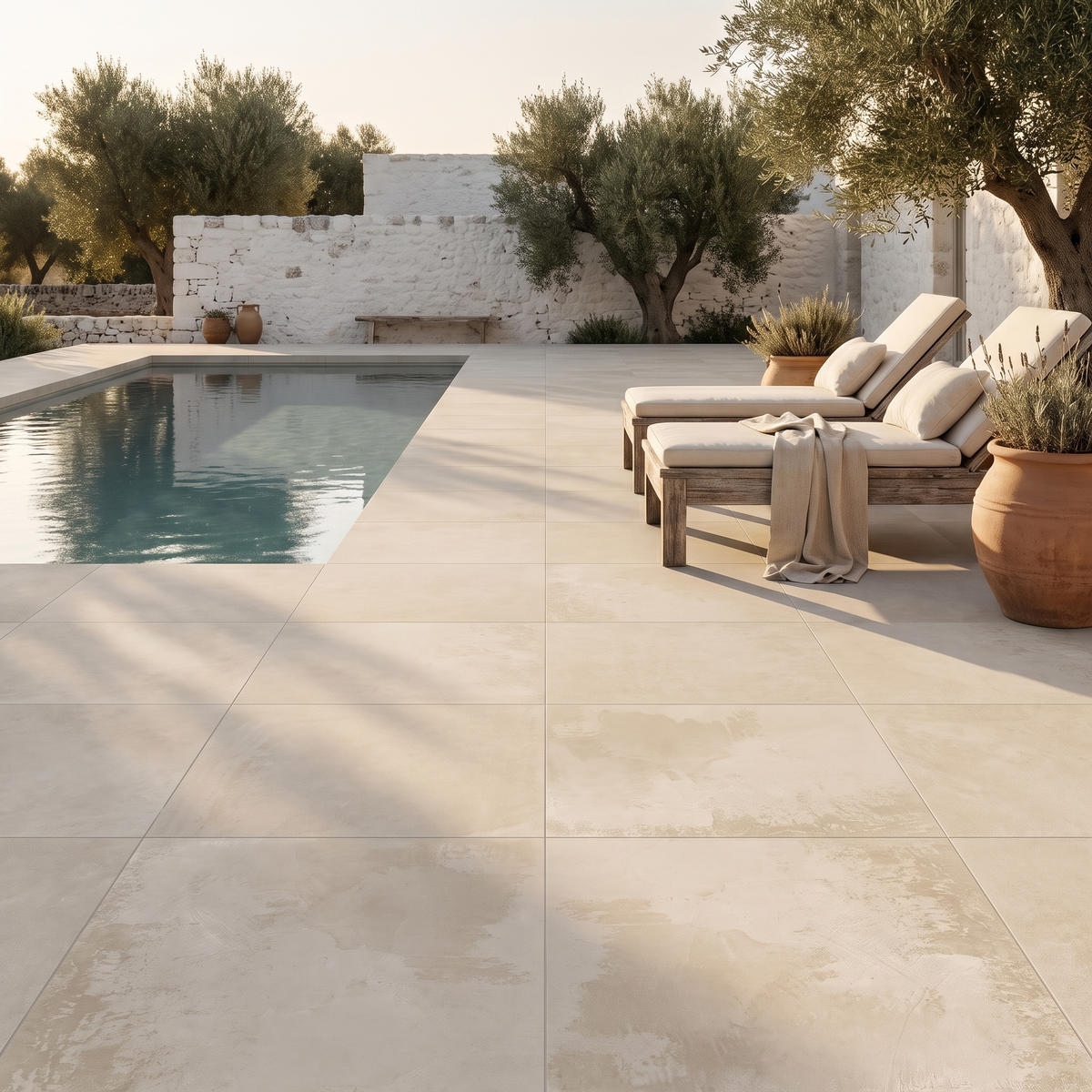 Chateau Cream porcelain paving on a Mediterranean pool terrace