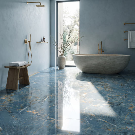 Brazil Aqua polished porcelain floor in a contemporary bathroom