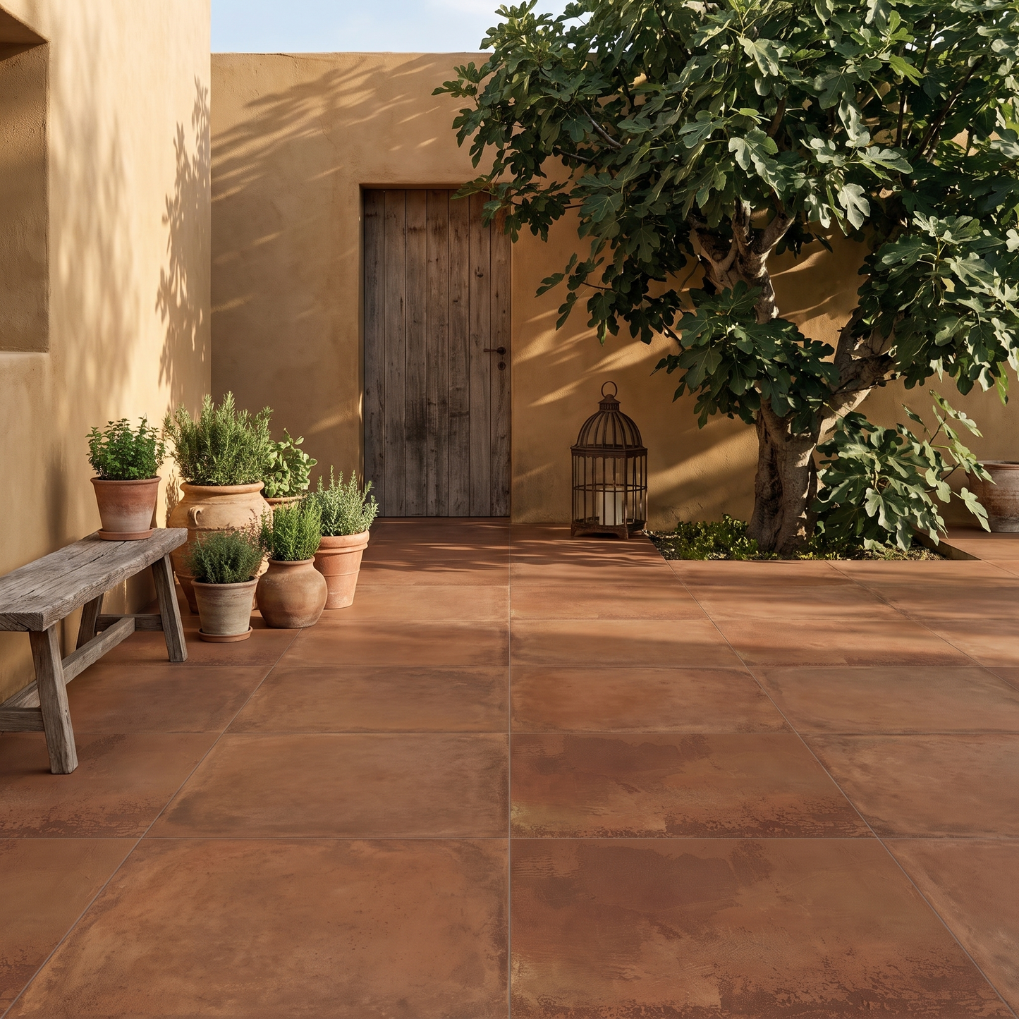 Chateau Terra Cotta porcelain paving in a rustic courtyard